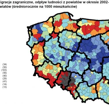 Emigracja ludności Polski w latach 2002-2016, z podziałem na powiaty