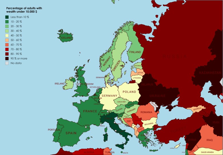 Procent dorosłych Europejczyków o dochodach poniżej 10 tys. dolarów