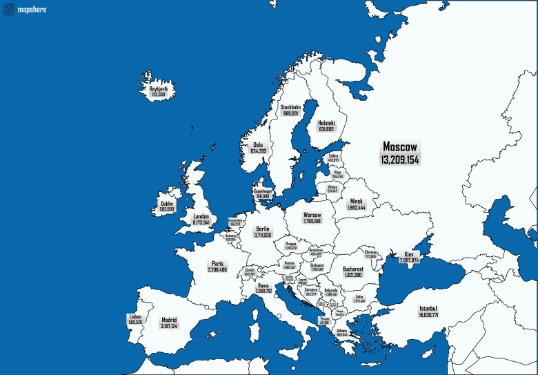 Największe miasta i ich populacje w krajach europejskich