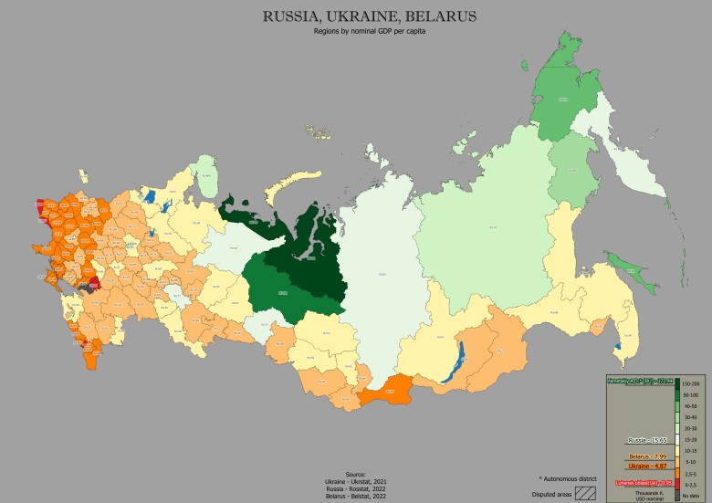 Regionalny PKB na mieszkańca Rosji, Ukrainy i Białorusi, 2021