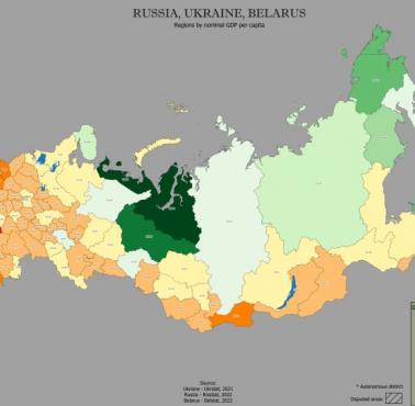 Regionalny PKB na mieszkańca Rosji, Ukrainy i Białorusi, 2021