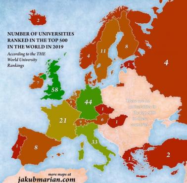 Liczba uniwersytetów z listy najlepszych (top 500) w każdym kraju w Europie, 2019