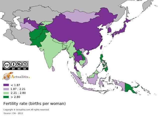 Wskaźnik płodności (porody na kobietę) w Azji Południowej, Wschodniej i Południowo-Wschodniej w 2013 r. (Źródło-CIA)