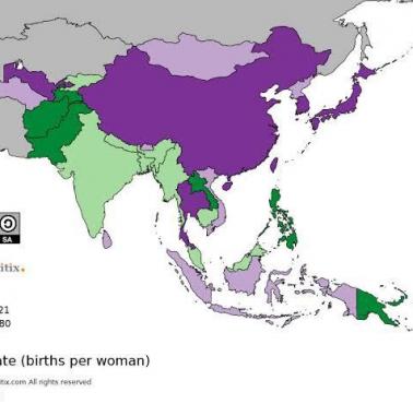 Wskaźnik płodności (porody na kobietę) w Azji Południowej, Wschodniej i Południowo-Wschodniej w 2013 r. (Źródło-CIA)