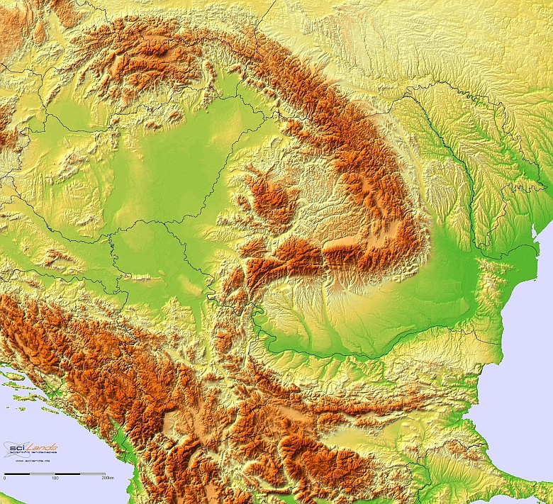 Reliefowa mapa Węgier, Rumunii, Bułgarii ... - dorzecze Dunaju