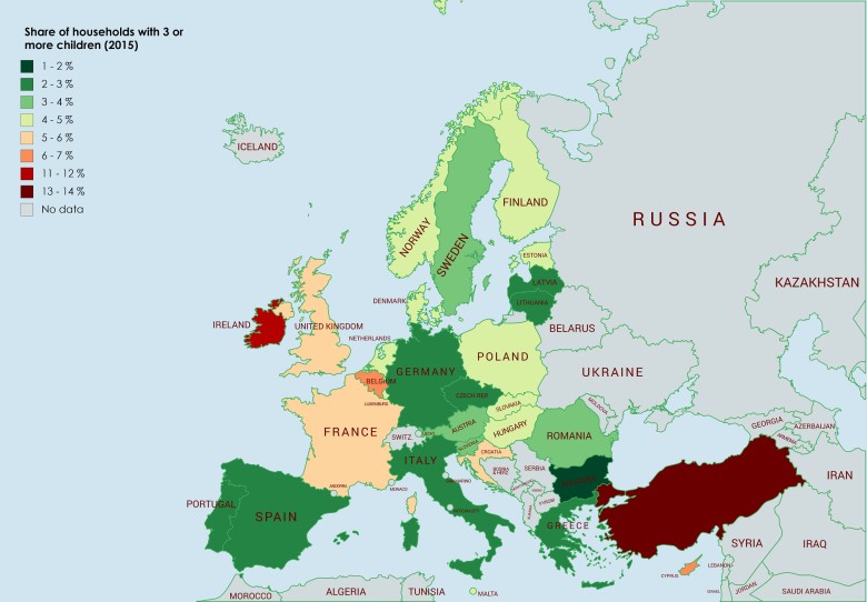 Udział europejskich gospodarstw domowych mających trójkę lub więcej dzieci