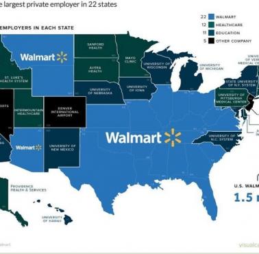 Najwięksi pracodawcy w poszczególnych stanach USA, 2019