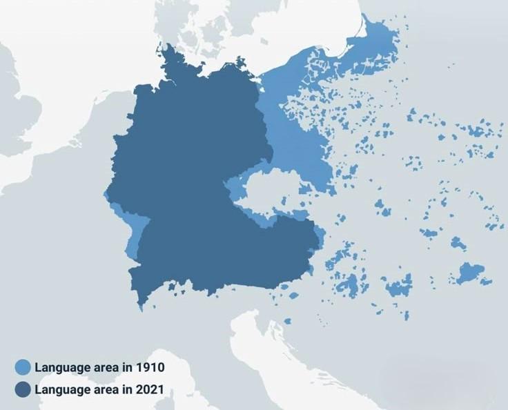 Obszar języka niemieckiego przed i po wojnach światowych, 1910, 2021