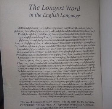 Najdłuższe, opublikowane słowo w języku angielskim C₁₂₈₉H₂₀₅₁N₃₄₃O₃₇₅S₈, białko o 267 aminokwasach