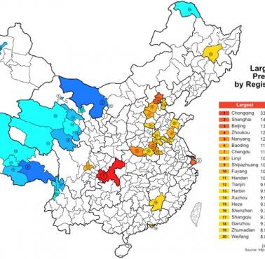 Chiny: największe i najmniejsze prefektury według populacji