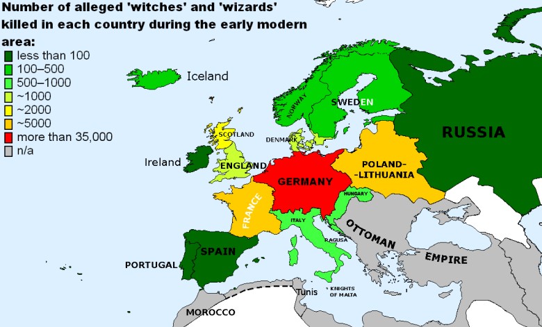 Liczba domniemanych czarownic i czarodziejów zabitych w procesach (najwięcej w krajach protestanckich)