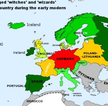 Liczba domniemanych "czarownic" i "czarodziejów" zabitych w procesach (najwięcej w krajach protestanckich)
