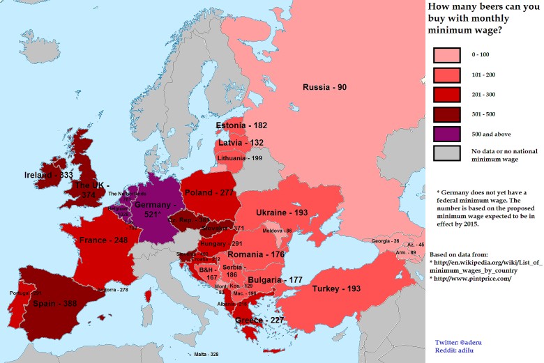 Ile piw można kupić za minimalną pensję w danym europejskim państwie