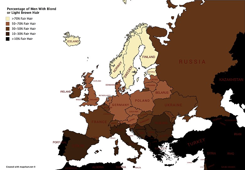 Procent mężczyzn z włosami blond/rudymi/jasnobrązowymi w Europie