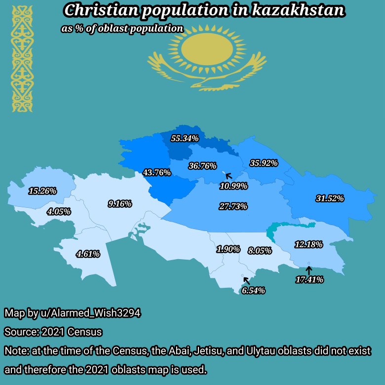 Mapa religijna Kazachstanu. Ludność chrześcijańska w Kazachstanie jako procent ludności obwodu, 2021