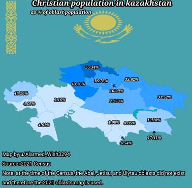 Mapa religijna Kazachstanu. Ludność chrześcijańska w Kazachstanie jako procent ludności obwodu, 2021