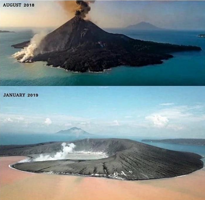 Indonezyjski wulkan Krakatau przed i po erupcji wywołującej tsunami w grudniu 2018 roku