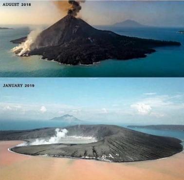 Indonezyjski wulkan Krakatau przed i po erupcji wywołującej tsunami w grudniu 2018 roku