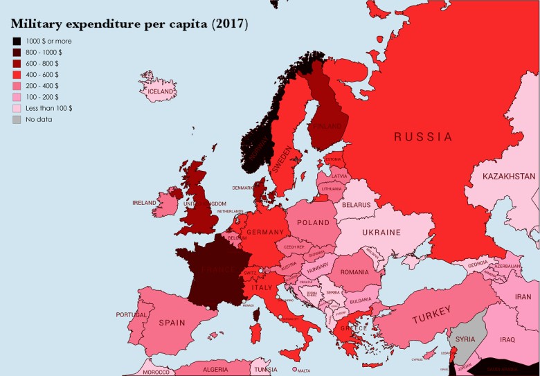 Wydatki wojskowe na osobę w Europie, 2017