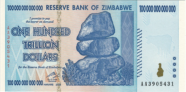 Banknot o największym w historii nominale 100,000,000,000,000 (100 bilionów dolarów), Zimbabwe