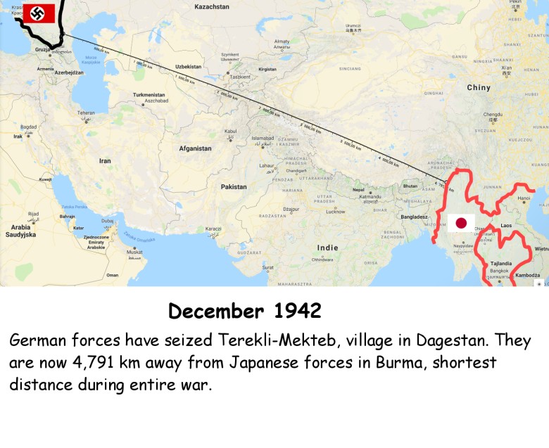 W punkcie szczytowym siły niemieckie i japońskie dzieliły od siebie 4791 km, II wojna