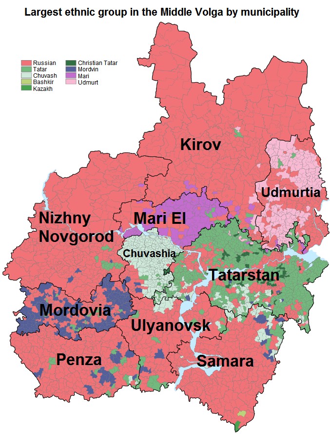 Największe grupy etniczne w środkowej Wołdze, Rosja