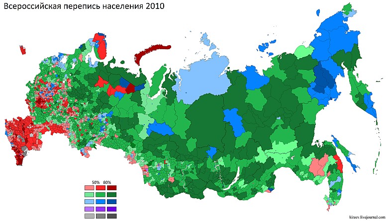 Materiały używane do budowy domów w Rosji, 2010 (czerwony = cegła, zielony = drewno, niebieski = beton)