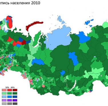 Materiały używane do budowy domów w Rosji, 2010 (czerwony = cegła, zielony = drewno, niebieski = beton)