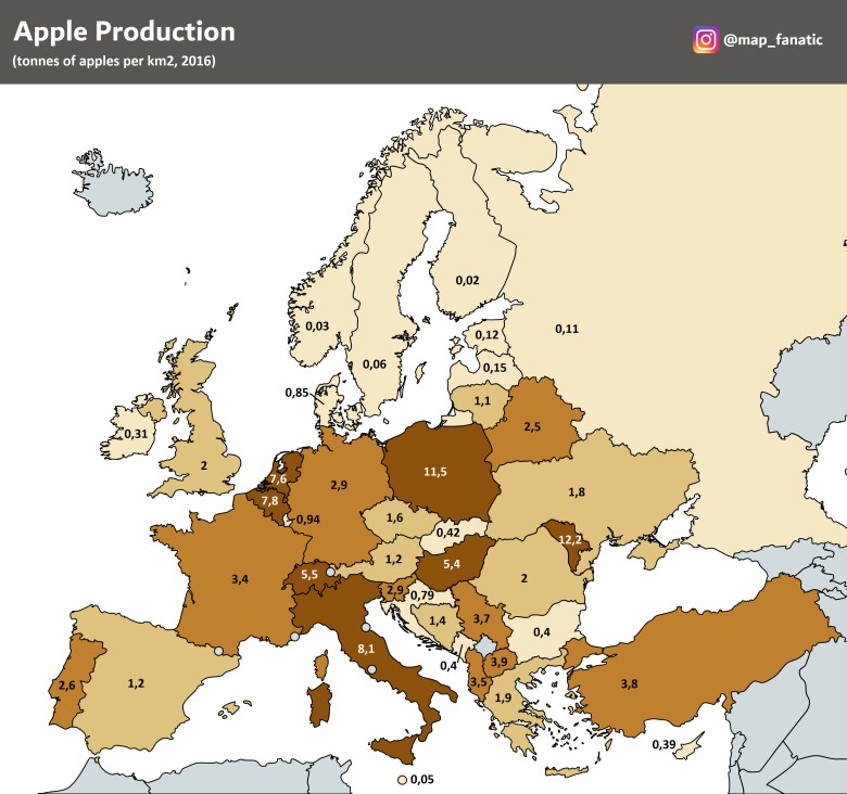 Produkcja jabłek w Europie, 2016