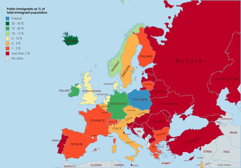 Polscy imigranci jako procent całkowitej populacji imigrantów w krajach europejskich