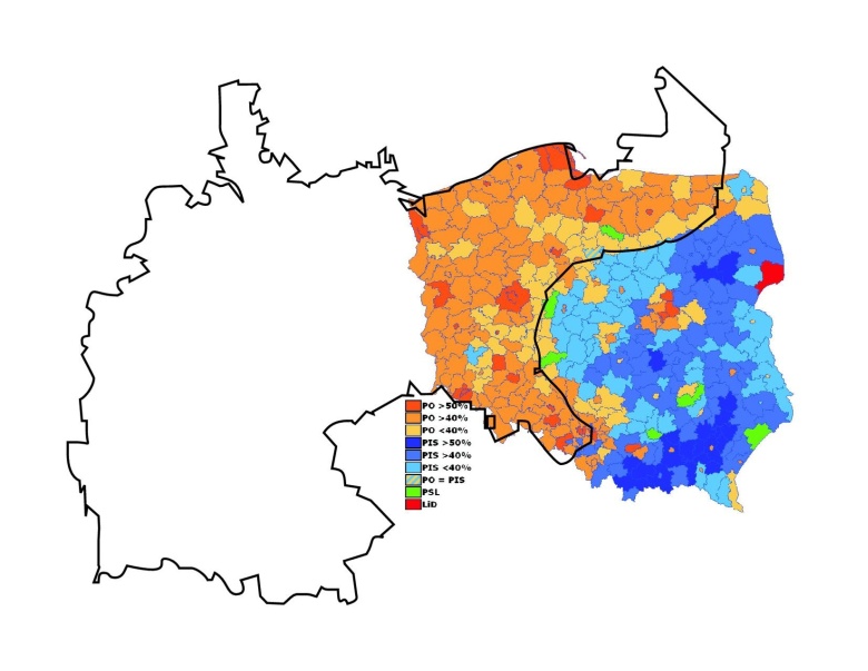 Mapa nakłada granicę Cesarstwa Niemieckiego (1871-1918) na wyniki wyborcze wyborów parlamentarnych w 2007 roku w Polsce