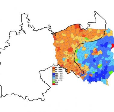 Mapa nakłada granicę Cesarstwa Niemieckiego (1871-1918) na wyniki wyborcze wyborów parlamentarnych w 2007 roku w Polsce
