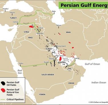 Główne rurociągi, pola gazowe i naftowe na Bliskim Wschodzie