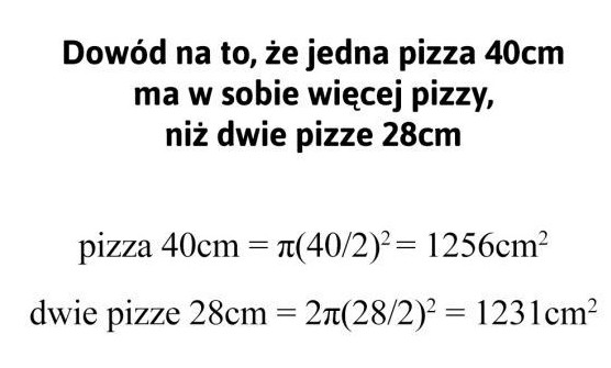 Dowód na to, że jedna pizza 40cm ma w sobie więcej pizzy, niż dwie pizze po 28cm