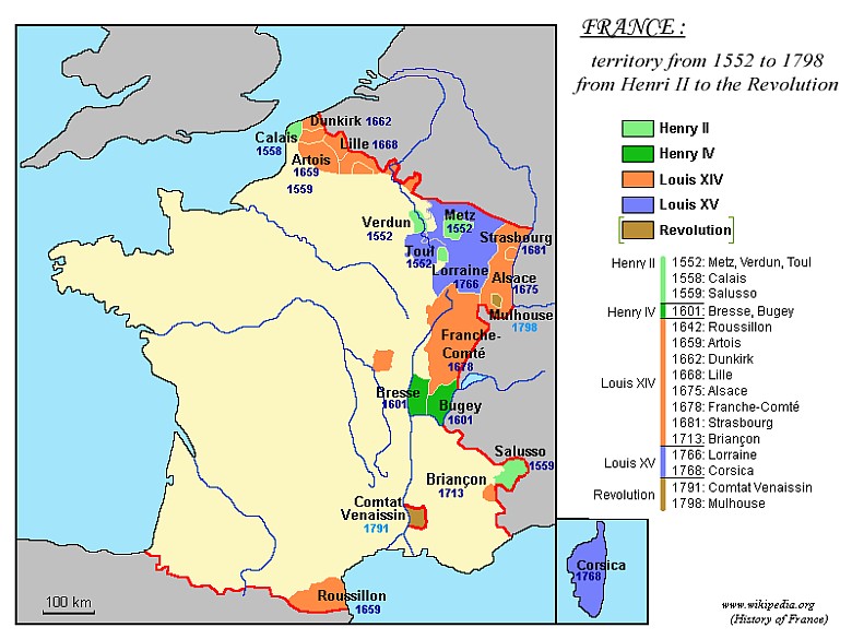 Mapa ekspansji Francji na kontynencie europejskim w latach 1552-1798