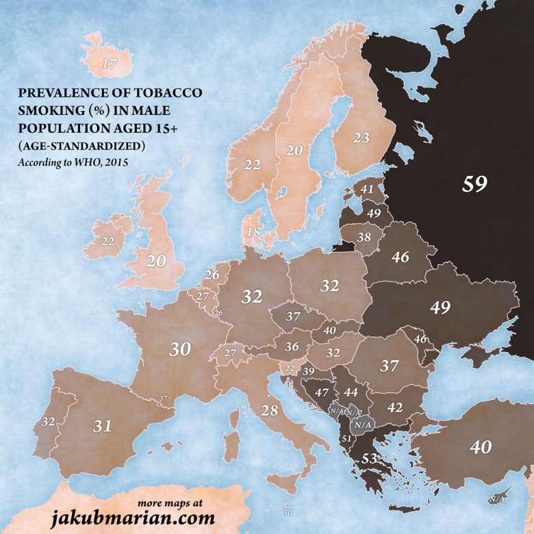 Odsetek palących chłopców i mężczyzn (osób powyżej 15 roku życia) w Europie, 2015, WHO