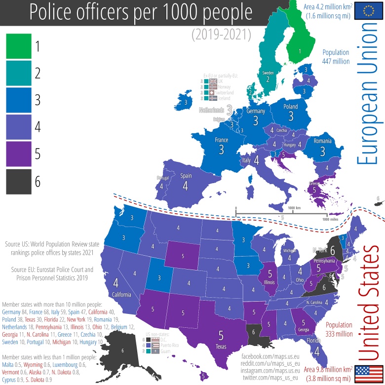 Liczba policjantów na 1 tys. mieszkańców w każdym kraju w Europie i USA, 2019-2021