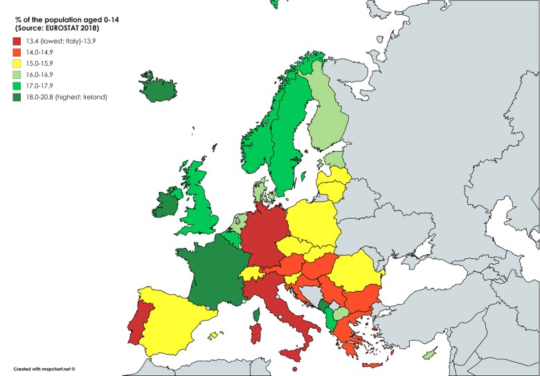 Populacja dzieci w wieku 0-14 lat w krajach europejskich, 2018