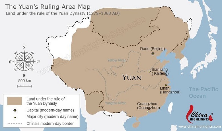 Mapa Chin w czasach dynastii Yuan w czasach panowania wnuka Czyngis-chana - Chana Kubilaja