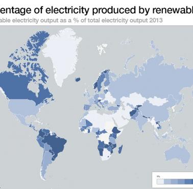 Odsetek energii elektrycznej wyprodukowanej z odnawialnych źródeł energii (World Economic Forum, 2013)