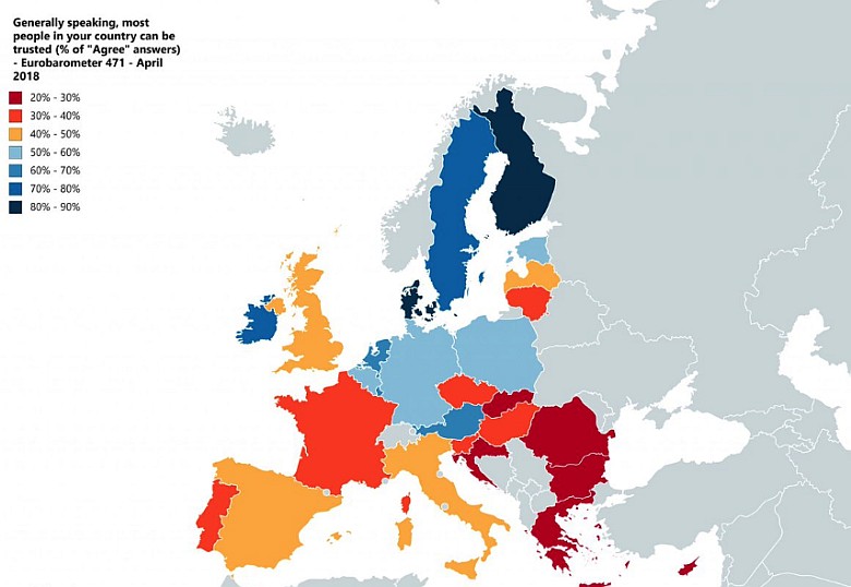 Procent osób, które ufają społeczeństwu swojego kraju, 2018