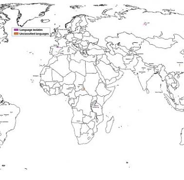 Mapa istniejących języków nowożytnych, które nie mają żadnego związku z żadnym innym językiem