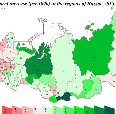 Naturalny wzrost liczby ludności w regionach Rosji, 2015