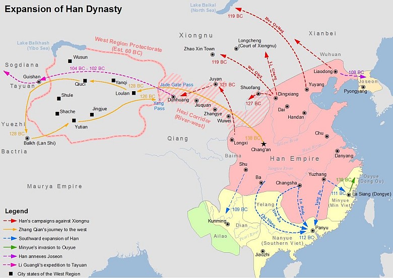 Mapa Chin w czasach ekspansji dynastii Han (206 p.n.e.-220 n.e.)