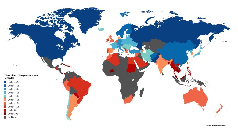 Najzimniejsza temperatura zarejestrowana w danym kraju