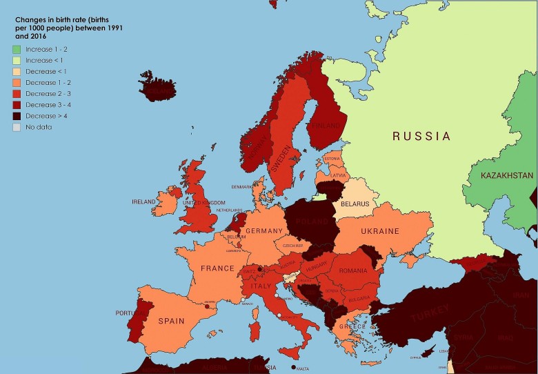 Zmiany w europejskich wskaźnikach urodzeń w latach 1991-2016