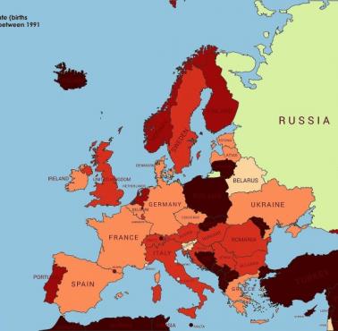 Zmiany w europejskich wskaźnikach urodzeń w latach 1991-2016