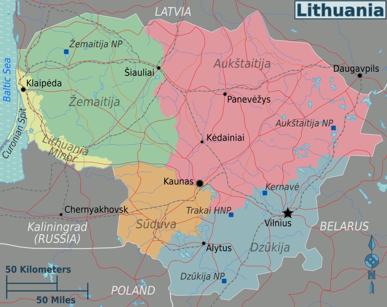 Etnograficzne regiony Litwy z głównymi drogami i kolejami