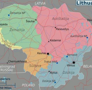 Etnograficzne regiony Litwy z głównymi drogami i kolejami