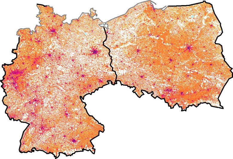 Mapa gęstości zaludnienia Niemiec i Polski